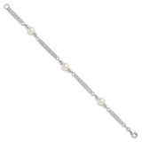 Sterling Silver Polished Double Strand with Glass Pearls 7.5 inch 3-Station Bracelet