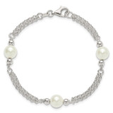Sterling Silver Polished Double Strand with Glass Pearls 7.5 inch 3-Station Bracelet