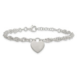 Sterling Silver Polished Fancy Engravable Heart Disc on Rope Chain 7 Inch with 1 Inch Extension Bracelet