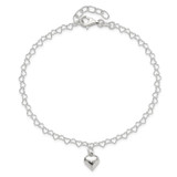 Sterling Silver Polished Fancy Link Puffed Heart 9 in Plus 1in ext. Anklet