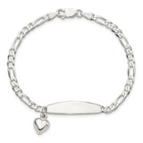 Sterling Silver Polished Figaro ID Heart Dangle 8.5in Bracelet - QI-D7CE40F3-8006