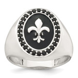 Sterling Silver Polished Fleur de Lis Black Enameled and Black Nano Crystals Size 9 Mens Signet Ring