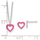 Sterling Silver Polished Pink Enamel Open Heart Childrens 14 inch Necklace and Post Earrings Set