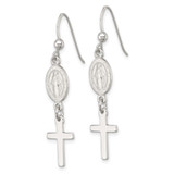 Sterling Silver Polished Spanish Miraculous Medal and Cross Dangle Shepherd Hook Earrings