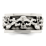 Sterling Silver Polished Spinning Center Antiqued Skull Ring - QR-6EFAD54B-4945