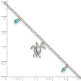 Sterling Silver Polished Turtle with Turquoise Beads 9 inch with 1 inch Extension Anklet