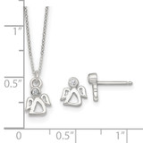 Sterling Silver Polished White CZ Angel Childrens 14 inch Necklace and Post Earrings Set