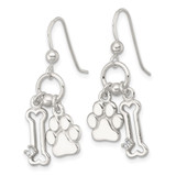 Sterling Silver Polished White CZ Bone and Paw Dangle Shepherd Hook Earrings