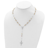 Sterling Silver Polished White Rose and Yellow Bead Rosary 18 inch Necklace