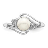 Sterling Silver Rhodium 6mm FW Cultured Button Pearl & Diamond Ring - QD-00B9D41E-1308