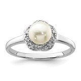 Sterling Silver Rhodium 6mm FW Cultured Button Pearl & Diamond Ring - QD-41D9E006-6983