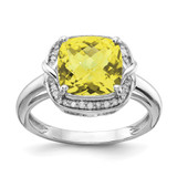 Sterling Silver Rhodium Diam. & Checker-Cut Lemon Quartz Ring - QR-1ED177F5-8532