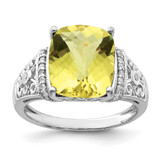 Sterling Silver Rhodium Diam. & Checker-Cut Lemon Quartz Ring - QR-3797098E-6131