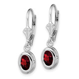 Sterling Silver Rhodium Plated 7x5mm Oval Garnet Leverback Earrings
