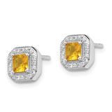 Sterling Silver Rhodium Plated Square Dark Yellow and Clear CZ Post Earrings