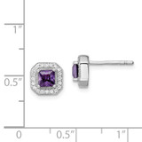 Sterling Silver Rhodium Plated Square Purple CZ and Clear CZ Post Earrings