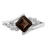 Sterling Silver Rhodium Princess-cut Smoky Quartz & Diamond Ring - QR-DC18AA54-6448