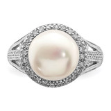 Sterling Silver Rhodium-plated 10-11mm White Button Freshwater Cultured Pearl and CZ Ring - QR-3F6B70A1-8354