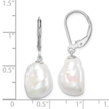 Sterling Silver Rhodium-plated 11-12mm White Keshi Freshwater Cultured Pearl Leverback Dangle Earrings