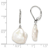 Sterling Silver Rhodium-plated 13-15mm White Keshi Freshwater Cultured Pearl Leverback Dangle Earrings