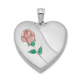 Sterling Silver Rhodium-plated 24mm Satin Enameled & D/C Rose Locket