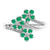 Sterling Silver Rhodium-plated 3 Flower Emerald and Diamond Ring - QR-5530CA7E-4546
