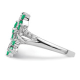 Sterling Silver Rhodium-plated 3 Flower Emerald and Diamond Ring - QR-903F6824-6710