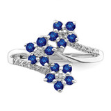 Sterling Silver Rhodium-plated 3 Flower Sapphire and Diamond Ring - QR-1DC304CB-1277