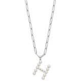 Sterling Silver Rhodium-plated 3-5.5mm White Button Freshwater Cultured Pearl LETTER H 18 inch Necklace