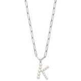 Sterling Silver Rhodium-plated 3-5.5mm White Button Freshwater Cultured Pearl LETTER K 18 inch Necklace