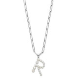 Sterling Silver Rhodium-plated 3-5.5mm White Button Freshwater Cultured Pearl LETTER R 18 inch Necklace