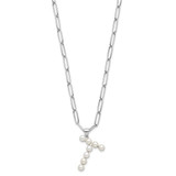 Sterling Silver Rhodium-plated 3-5.5mm White Button Freshwater Cultured Pearl LETTER T 18 inch Necklace