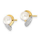 14k 5-6mm White Button FWC Pearl .01ct Diamond Post Earrings