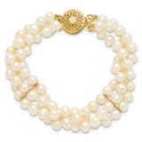 14k 5-6mm White Near-Round Freshwater Cultured Pearl 3-Strand 7.5 inch Bracelet