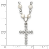 Sterling Silver Rhodium-plated 4-5mm White Near-Round Freshwater Cultured Pearl and CZ Cross 21 inch Necklace