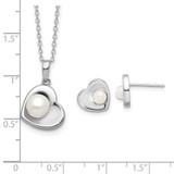 Sterling Silver Rhodium-plated 4-7mm White Button Freshwater Cultured Pearl 17.5 inch Heart Necklace and Post Earrings Set