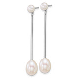 Sterling Silver Rhodium-plated 5-6mm Button and 7-8mm Teardrop White Freshwater Cultured Pearl and Bar Dangle Post Earrings