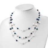 Sterling Silver Rhodium-plated 6-10mm White and Black Freshwater Cultured Pearl Layered 17 inch with 2 inch Extension Necklace
