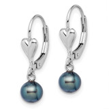 Sterling Silver Rhodium-plated 6-7mm Black Round Freshwater Cultured Pearl Heart Leverback Dangle Earrings