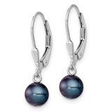 Sterling Silver Rhodium-plated 6-7mm Black Round Freshwater Cultured Pearl Leverback Dangle Earrings - QE-43578A9D-1453
