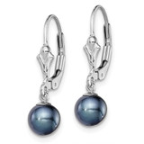 Sterling Silver Rhodium-plated 6-7mm Black Round Freshwater Cultured Pearl Leverback Dangle Earrings - QE-55036C7F-4930