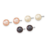 Sterling Silver Rhodium-plated 6-7mm Black, White and Pink Round Freshwater Cultured Pearl Set of 3 Post Earrings