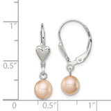 Sterling Silver Rhodium-plated 6-7mm Pink Round Freshwater Cultured Pearl Heart Leverback Dangle Earrings