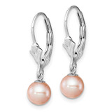 Sterling Silver Rhodium-plated 6-7mm Pink Round Freshwater Cultured Pearl Leverback Dangle Earrings