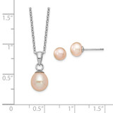 Sterling Silver Rhodium-plated 6-7mm Pink Teardrop Freshwater Cultured Pearl 17 inch Necklace and Button Post Earrings Set