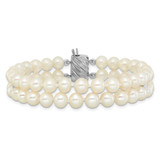 Sterling Silver Rhodium-plated 6-7mm Round White Freshwater Cultured Pearl 2-Strand 7 inch Bracelet