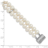 Sterling Silver Rhodium-plated 6-7mm Round White Freshwater Cultured Pearl 2-Strand 7 inch Bracelet
