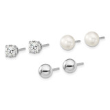 Sterling Silver Rhodium-plated 6-7mm White Button Freshwater Cultured Pearl, CZ and Stud Earrings Set