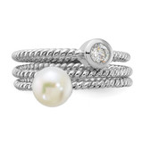 Sterling Silver Rhodium-plated 6-7mm White Freshwater Cultured Pearl and CZ 3 Ring Set - QR-72F82B18-3451