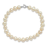 Sterling Silver Rhodium-plated 6-7mm White Semi-Round Freshwater Cultured Pearl 18 inch Necklace, 7.25 in Bracelet and Button Post Earrings Set